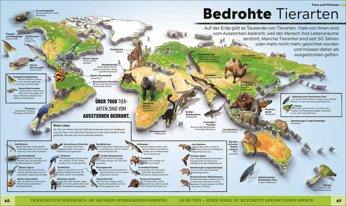 Weltkarte mit Bildern und Beschreibungen bedrohte Tierarten auf verschiedenen Kontinenten.