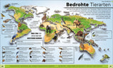 Weltkarte mit Bildern und Beschreibungen bedrohte Tierarten auf verschiedenen Kontinenten.