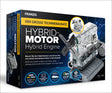 Bausatz für einen Hybridmotor mit transparentem Gehäuse, Propeller, Motor und Zubehör, auf blauer digitaler Hintergrund.