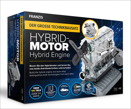 Bausatz für einen Hybridmotor mit transparentem Gehäuse, Propeller, Motor und Zubehör, auf blauer digitaler Hintergrund.