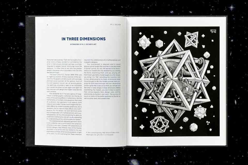 Zwei offene Buchseiten, links Text über "In Three Dimensions", rechts geometrische, dreidimensionale Illustration