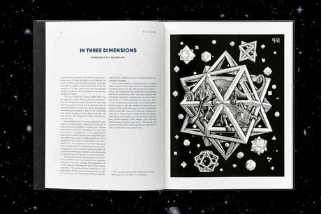 Zwei offene Buchseiten, links Text über "In Three Dimensions", rechts geometrische, dreidimensionale Illustration
