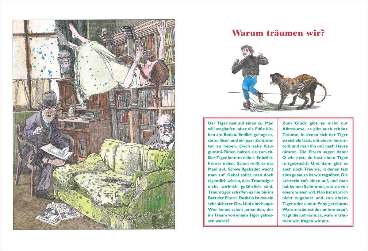 Illustration eines Raumes mit Büchern, einem grünen Sofa, zwei Männern, einem Mädchen, einem Hund und einem Fenster.