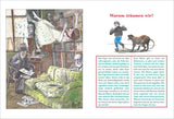 Illustration eines Raumes mit Büchern, einem grünen Sofa, zwei Männern, einem Mädchen, einem Hund und einem Fenster.