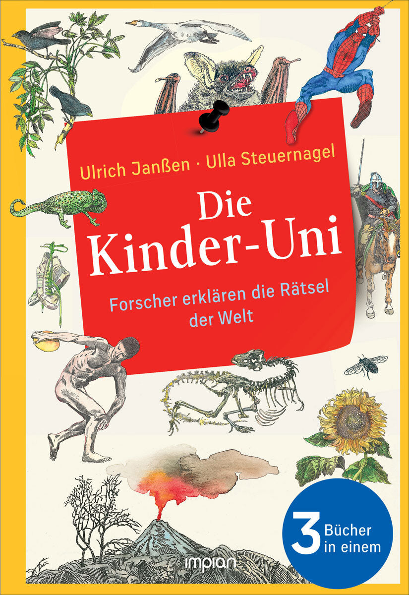 Buchcover mit Illustrationen von Tieren, Dinosauriern, Menschen, einem Vulkan und Spider-Man, mit rotem Titelbereich.