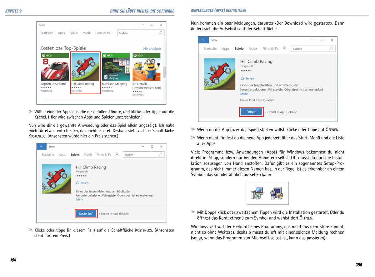 Screenshot eines Windows-Store-Fensters mit App "Hill Climb Racing", "Kostenlos" Button und "Öffnen" Button.