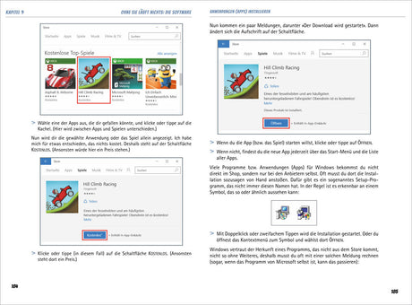 Screenshot eines Windows-Store-Fensters mit App "Hill Climb Racing", "Kostenlos" Button und "Öffnen" Button.