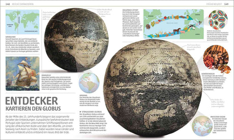 Zwei alte, handgezeichnete Globusse mit geographischen Karten, umgeben von Texten und Illustrationen zu Entdeckungsgeschichte.