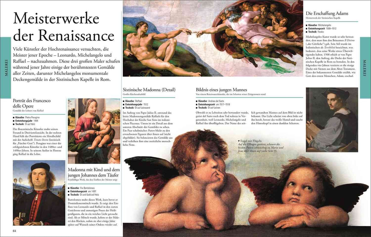 Mehrere Gemälde und Detailausschnitte von Renaissance-Künstlern, darunter Michelangelo, Raffael und Perugino, mit Textbeschreibung