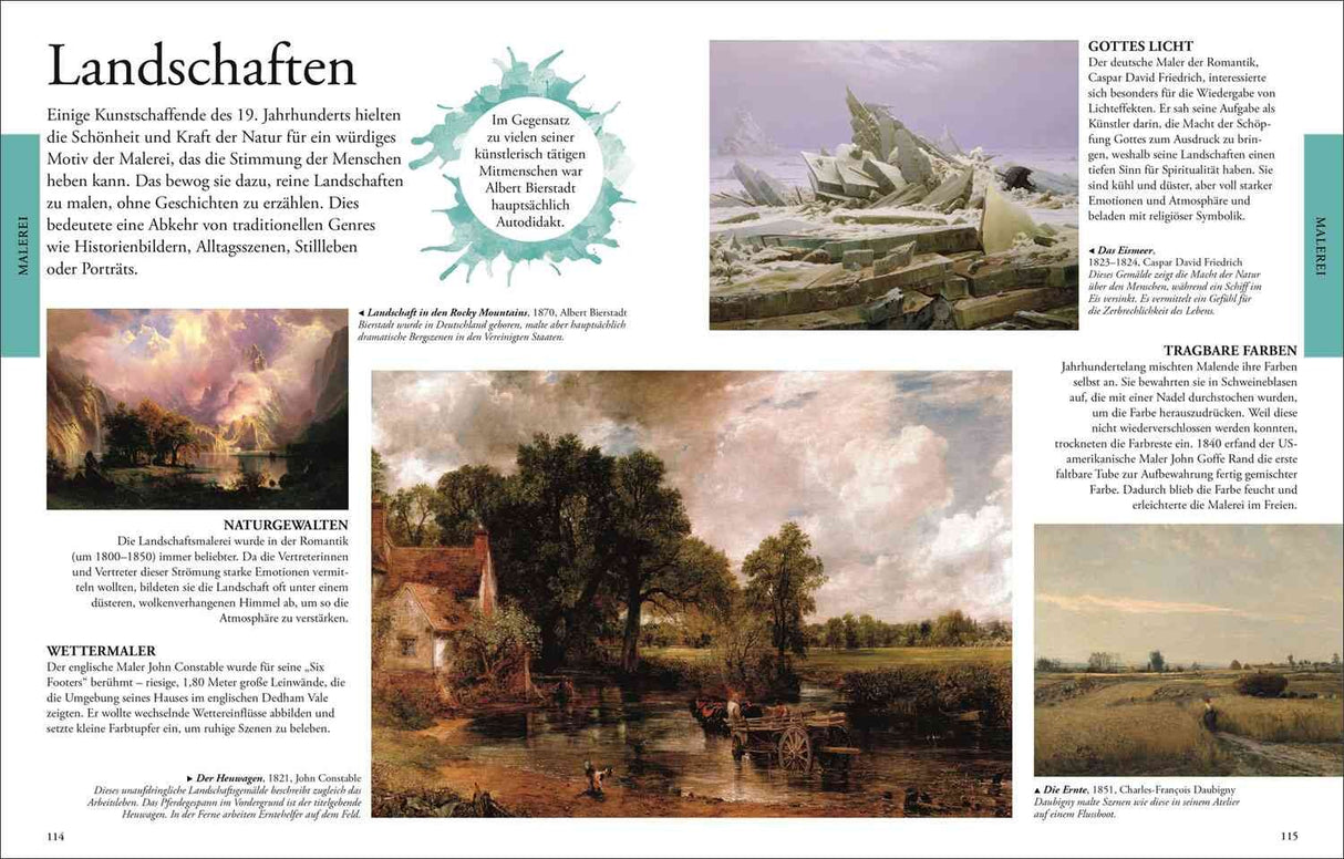 Sechs Landschaftsbilder, darunter Berge, Fluss, Haus, Baum und Himmel, mit erläuterndem Text.