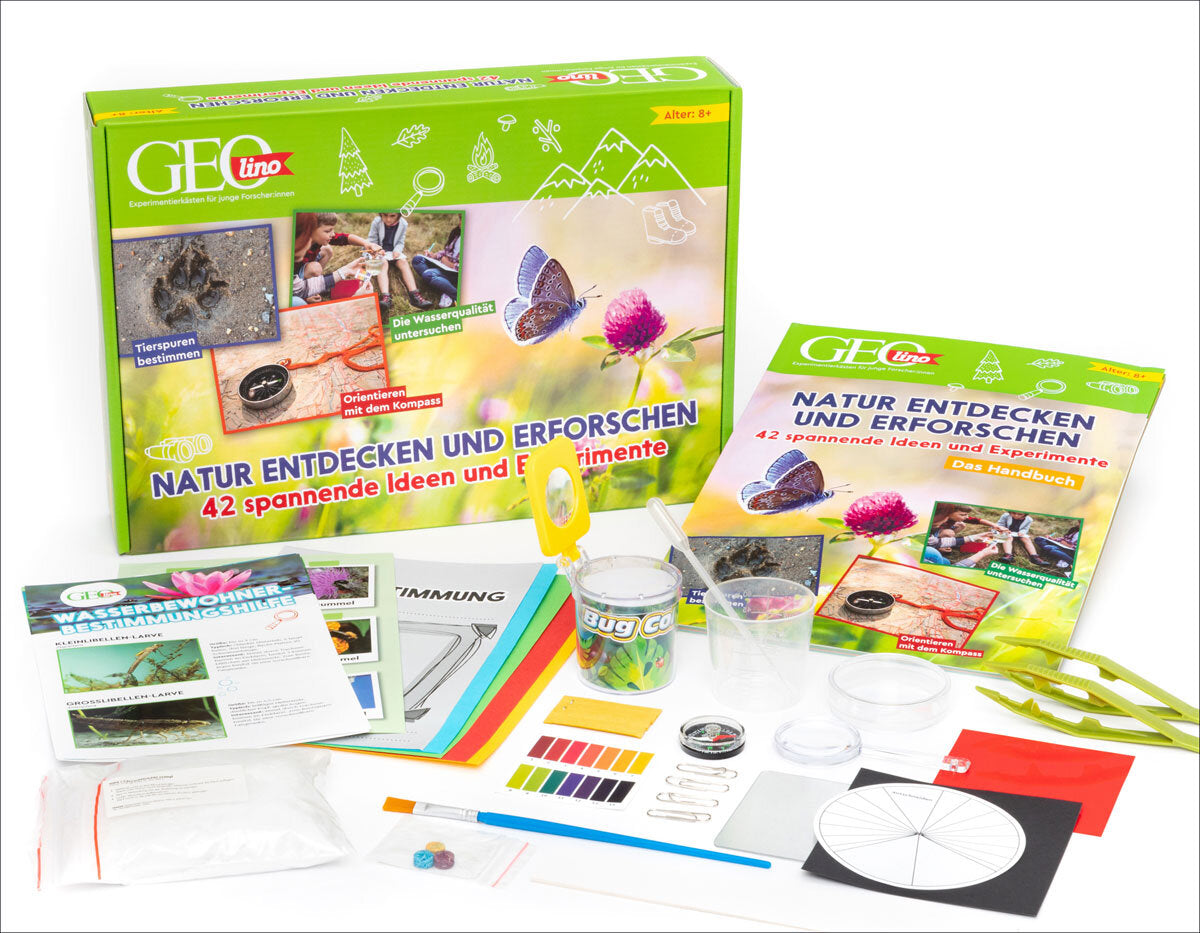 Experimentierset mit Büchern, Bechern, Werkzeugen, Papier, Farben und Naturmaterialien für Kinder ab 8 Jahren.
