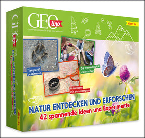 GFO Tino Naturentdecken-Set mit 42 Ideen, Kinder erforschen Wasserqualität, Tierspuren und Orientierung im Freien.