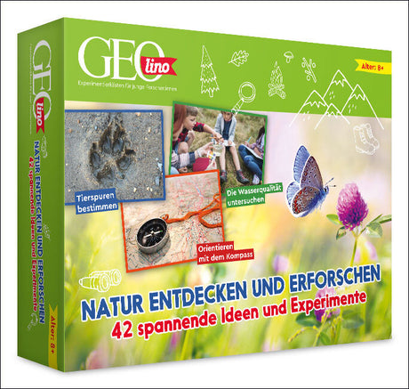 GFO Tino Naturentdecken-Set mit 42 Ideen, Kinder erforschen Wasserqualität, Tierspuren und Orientierung im Freien.