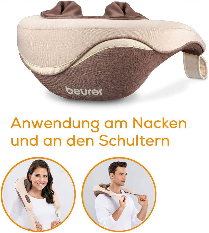 Beurer Nacken- und Schultermassagegerät in Braun und Beige, mit Anwendung an Nacken und Schultern.