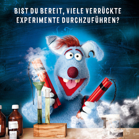 Ein blauer, puppenartiger Hund mit roter Nase und roten Haaren, hält zwei rote Raketen, umgeben von Chemie-Experimenten und Rauch.