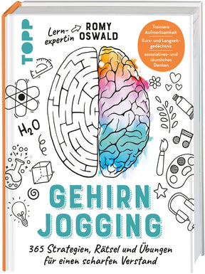 Buchcover mit buntem, halbseitigem Gehirn, umgeben von Illustrationen wie Labor, Musik, Natur und Licht.