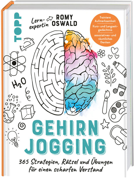 Buchcover mit buntem, halbseitigem Gehirn, umgeben von Illustrationen wie Labor, Musik, Natur und Licht.