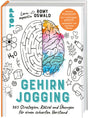 Buchcover mit buntem, halbseitigem Gehirn, umgeben von Illustrationen wie Labor, Musik, Natur und Licht.