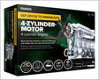 Bauanleitung für einen 4-Zylinder-Motor mit transparentem Gehäuse und Propeller.