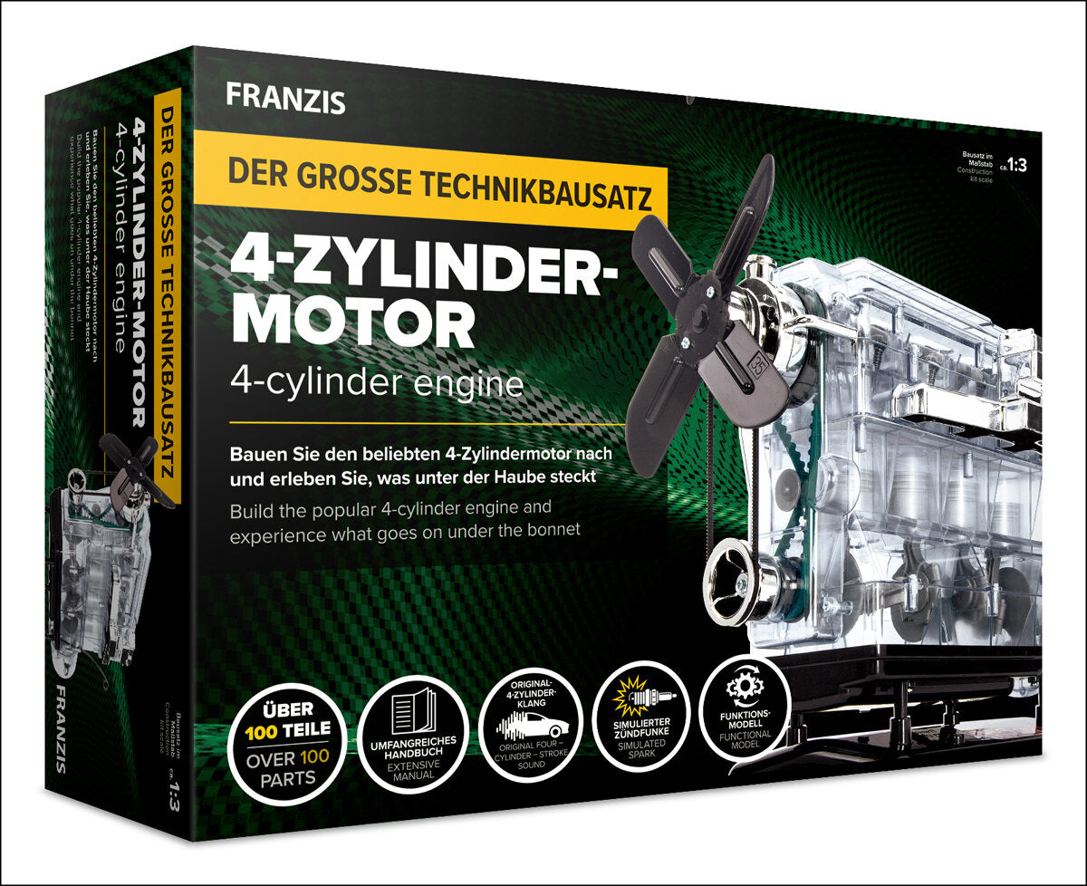 Bauanleitung für einen 4-Zylinder-Motor mit transparentem Gehäuse und Propeller.