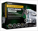 Bauanleitung für einen 4-Zylinder-Motor mit transparentem Gehäuse und Propeller.