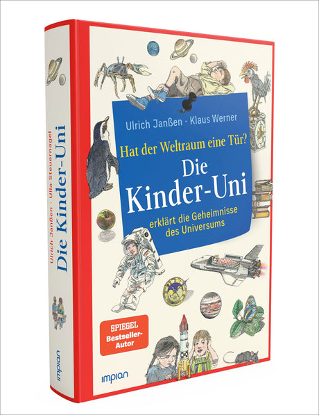 Buchcover mit Illustrationen von Kindern, Astronaut, Tieren, Rakete, Planeten, Uhr, Bücher, Maus, Schmetterling und Weltraumthemen