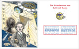 Illustration eines Mannes mit Geige, umgeben von Uhren, Sternen und kosmischen Elementen, mit Text über Raum und Zeit.