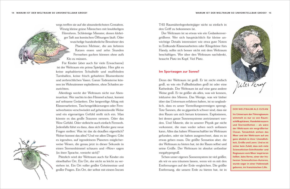 Illustration eines kleinen, grünen Monsters mit Flügeln und großen Augen, auf Seite eines Buches.