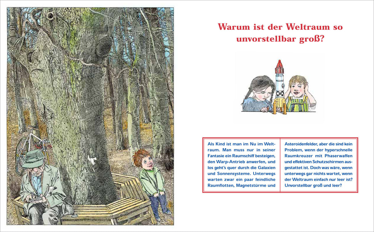 Ein Mann sitzt auf einer Bank unter einem großen Baum, daneben zwei Kinder, eines schaut nach oben, das andere hält sich die Ohren