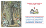Ein Mann sitzt auf einer Bank unter einem großen Baum, daneben zwei Kinder, eines schaut nach oben, das andere hält sich die Ohren