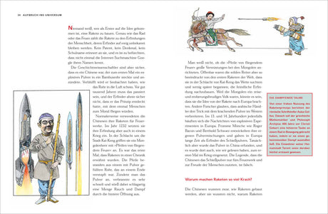 Illustration eines chinesischen Mannes mit Raketenwaffen, daneben ein Kampf zwischen Reiter und Bogenschütze.