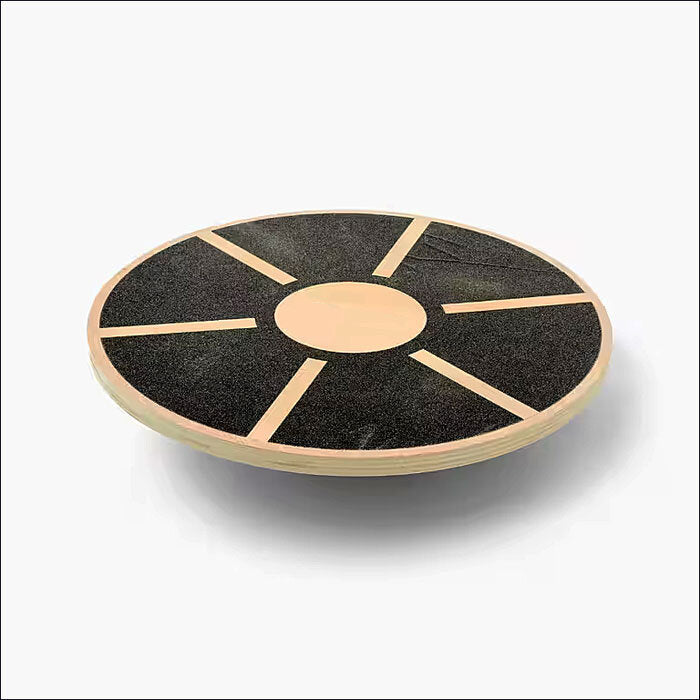 Rundes Holzbrett mit schwarzen Segmente und beige Linien, auf weißem Hintergrund.