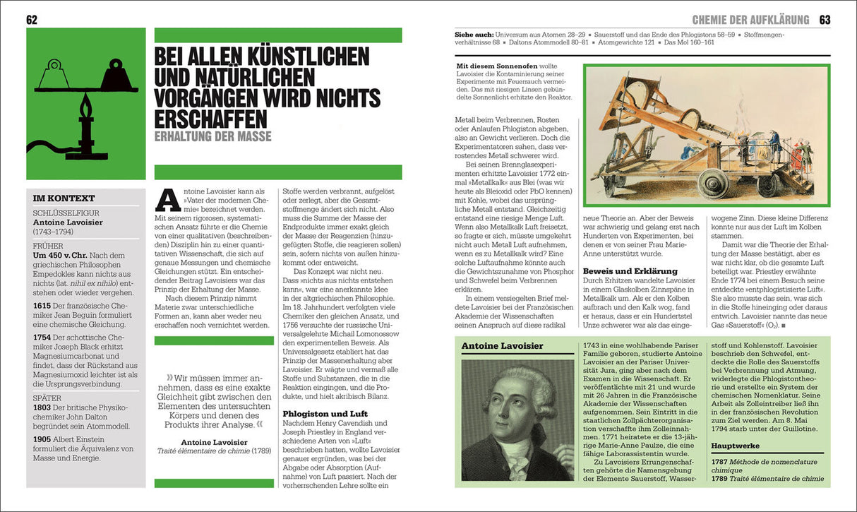 Illustration eines alten Holz- und Metall-Experimentiersets mit Rauchentwicklung, auf einer Seite eines wissenschaftlichen Textes.