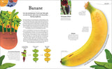 Große, gelbe Banane mit grüner Schale, auf weißem Hintergrund, mit Text und Pflanzenillustrationen.