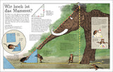 Mammut auf Baum mit geometrischen Linien, Erklärtexten, einer Eule auf dem Ast und Mäusen im Bild.