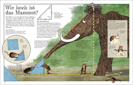 Mammut auf Baum mit geometrischen Linien, Erklärtexten, einer Eule auf dem Ast und Mäusen im Bild.