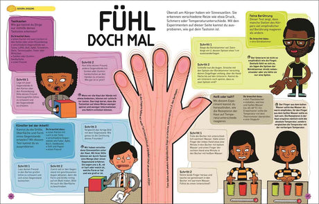 Illustration einer Hand mit fünf Fingern, daneben Text zu Tast- und Berührungssinn sowie Experimente zur Wahrnehmung.