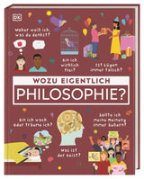 Illustration eines Buchcovers mit Menschen, Tieren, Symbolen und Fragen zu Philosophie, Denken und Bewusstsein.