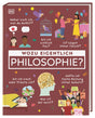 Illustration eines Buchcovers mit Menschen, Tieren, Symbolen und Fragen zu Philosophie, Denken und Bewusstsein.
