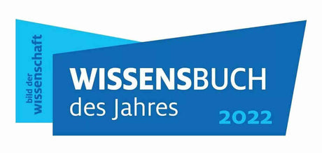 Grafik mit blauen, geometrischen Formen und Text: "WISSENSBUCH des Jahres 2022" und "bild der wissenschaft".