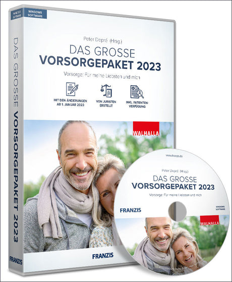 Buch- und CD-Design mit Titel "Das große Vorsorgepaket 2023", Bild eines lächelnden älteren Paares, Walhalla-Logo, und Icons