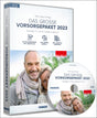 Buch- und CD-Design mit Titel "Das große Vorsorgepaket 2023", Bild eines lächelnden älteren Paares, Walhalla-Logo, und Icons