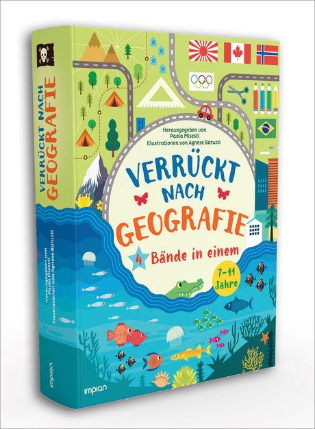 Buchcover mit bunten Illustrationen von Natur, Tieren, Bergen, Wasser, Flaggen und Symbolen für Kinder im Alter 7-11 Jahre.