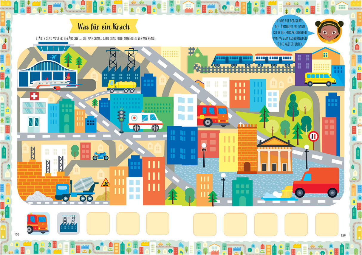 Bunte Stadt mit Gebäuden, Straßen, Fahrzeugen, Bäumen und einer Brücke, inklusive Feuerwehr, Ambulanz, Zug und Baustelle.