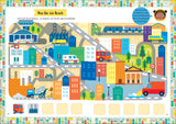 Bunte Stadt mit Gebäuden, Straßen, Fahrzeugen, Bäumen und einer Brücke, inklusive Feuerwehr, Ambulanz, Zug und Baustelle.