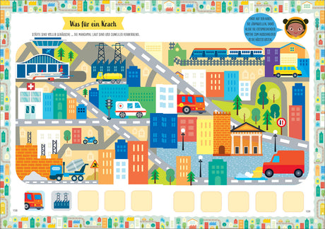 Bunte Stadt mit Gebäuden, Straßen, Fahrzeugen, Bäumen und einer Brücke, inklusive Feuerwehr, Ambulanz, Zug und Baustelle.
