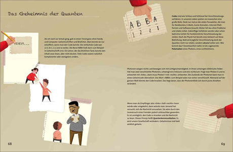 Illustration mit Kindern, Lehrer und Notizzetteln, die das Thema Quantengeheimnisse und Verschlüsselung erklären.