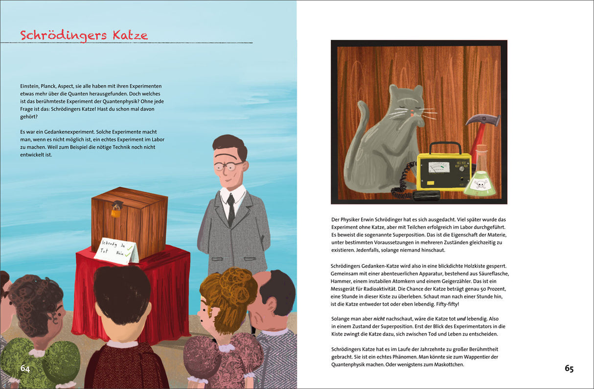 Illustration eines Wissenschaftlers vor Publikum, mit einer Holzkiste, die "Lebendiger Tod" heißt, und einem schwarzen Kästchen.