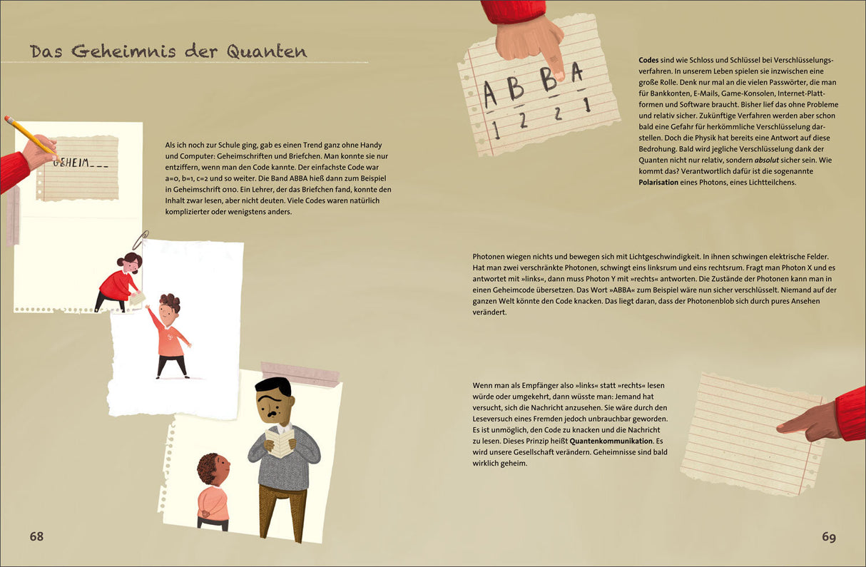 Illustration mit Kindern, Lehrer und Notizzetteln, die das Thema Quantenverschlüsselung und Codes erklären.