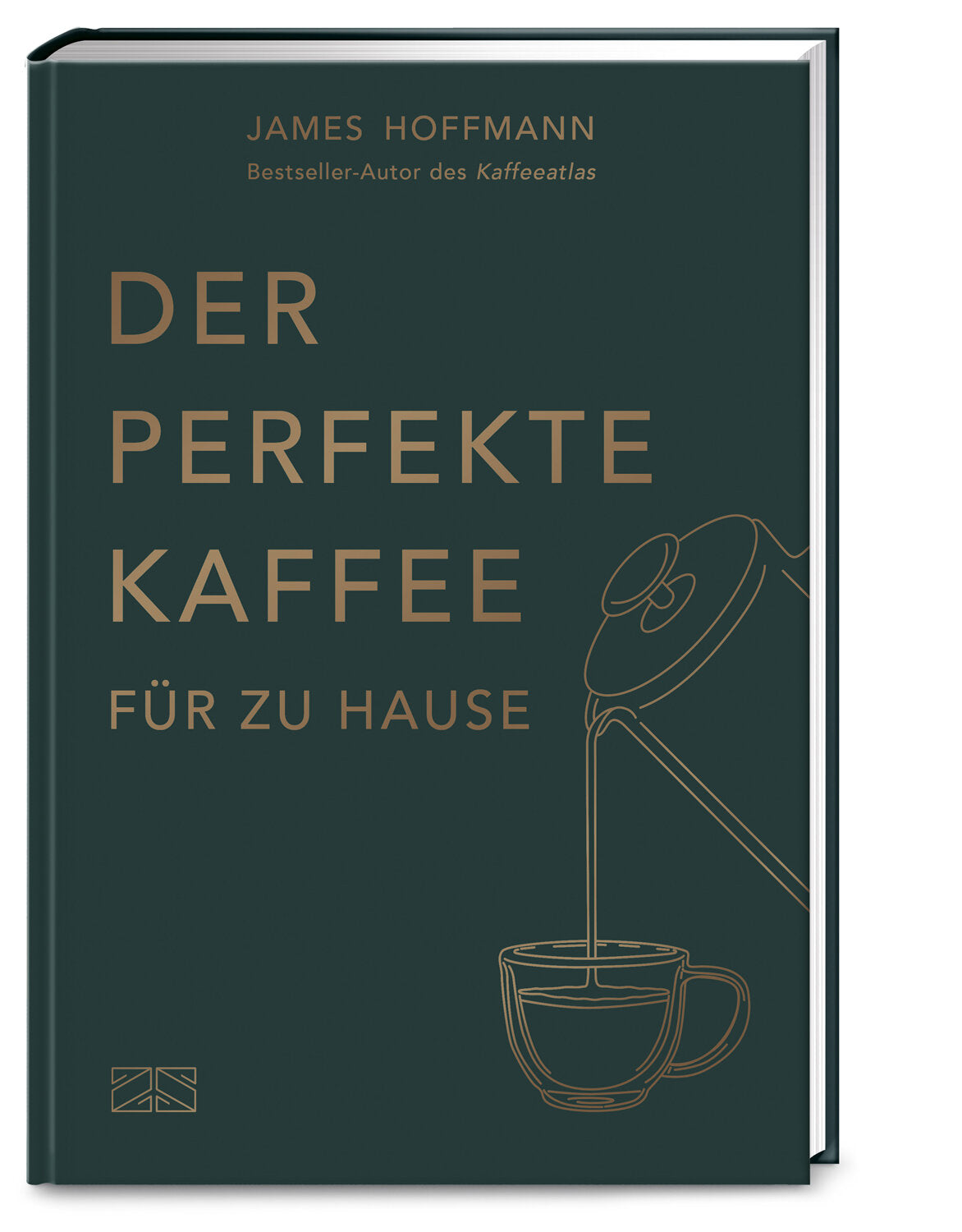 Buchcover mit Titel "Der perfekte Kaffee für zu Hause" und einer Linienzeichnung einer Kaffeekanne, die in eine Tasse gießt.